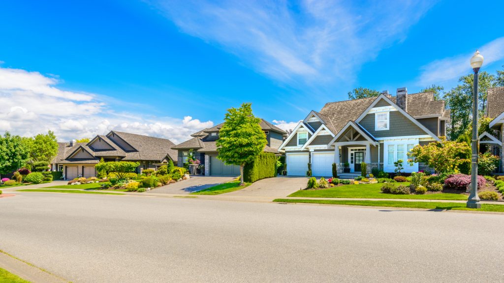 A perfect neighborhood. Houses in suburb at Spring in the north America